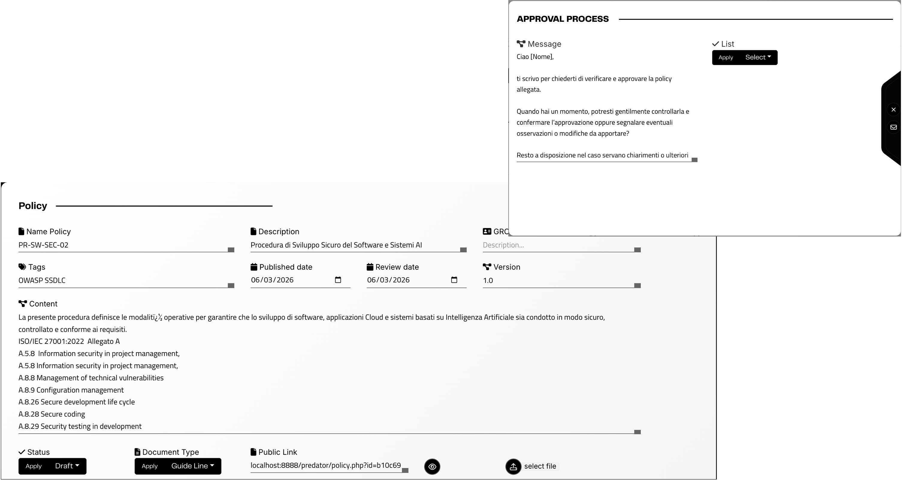 Interfaccia Policy Advisor con dettaglio policy, mappatura Annex A e workflow di approvazione
